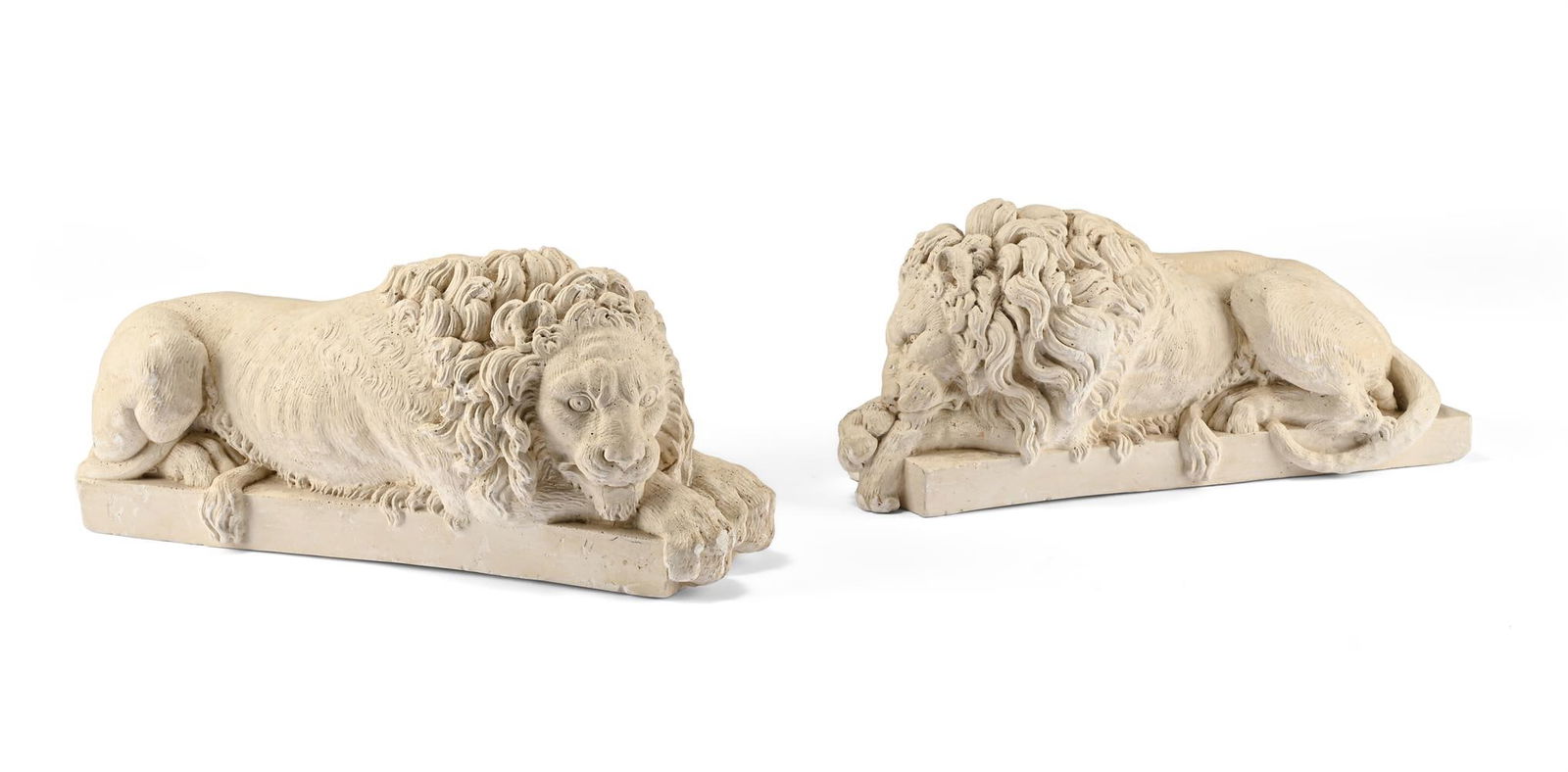 AFTER CANOVA, A PAIR OF PLASTER 'REZZONICO' LIONS, MODERN: AFTER CANOVA, A PAIR OF PLASTER 'REZZONICO' LIONS MODERN 14cm high, 34cm long, 11cm wide Condition Report: PLEASE NOTE: ALL LOTS ARE LOCATED AT SACKVILLE WEST