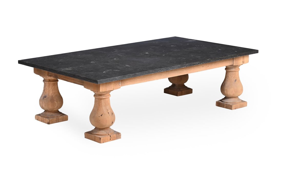 A LARGE GREY VEINED MARBLE TOPPED LOW OR COFFEE TABLE, 20TH CENTURY: A LARGE GREY VEINED MARBLE TOPPED LOW OR COFFEE TABLE