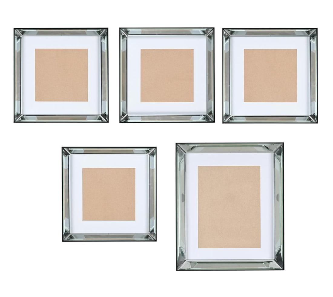 A GROUP OF FIVE EBONISED AND BEVELL MIRRORED PICTURE FRAMES, IN TWO SIZES, OF RECENT MANUFACTURE: A GROUP OF FIVE EBONISED AND BEVELL MIRRORED PICTURE FRAMES IN TWO SIZES, OF RECENT MANUFACTURE Four measure 46.5cm square, picture size 26 x 26cm and one 63.5 x 53.4cm, picture size