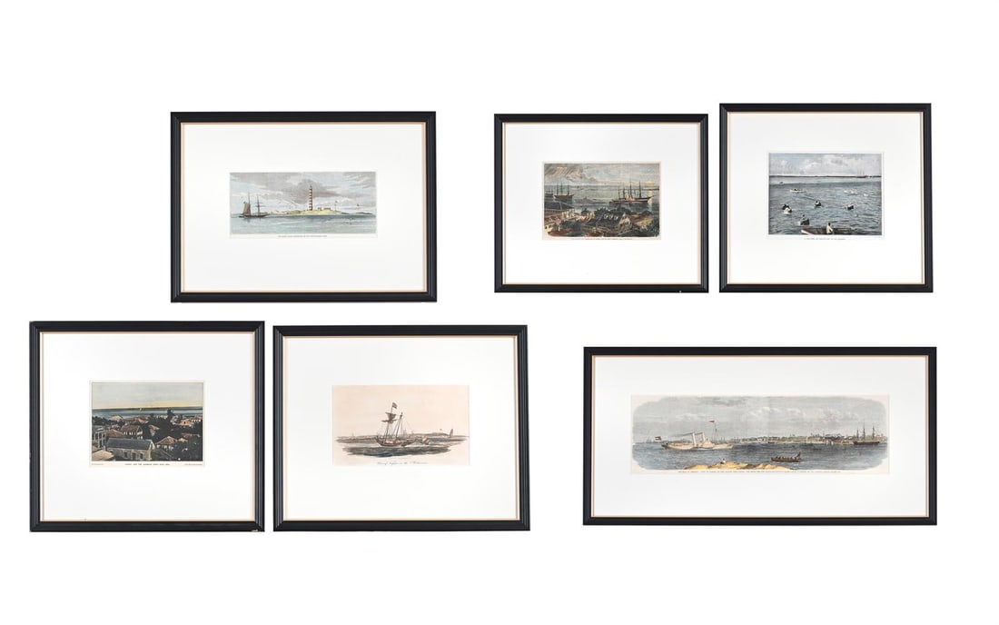 A GROUP OF SIX VIEWS OF THE BAHAMAS, (LATE 19TH CENTURY AND LATER): A GROUP OF SIX VIEWS OF THE BAHAMAS (LATE 19TH CENTURY AND LATER) THE WAR IN AMERICA, A VIEW OF NASSAU, AFTER EDWIN WEEDON FOR THE LONDON ILLUSTRATED NEWS; A TUB RACE ON REGATTA DAY,