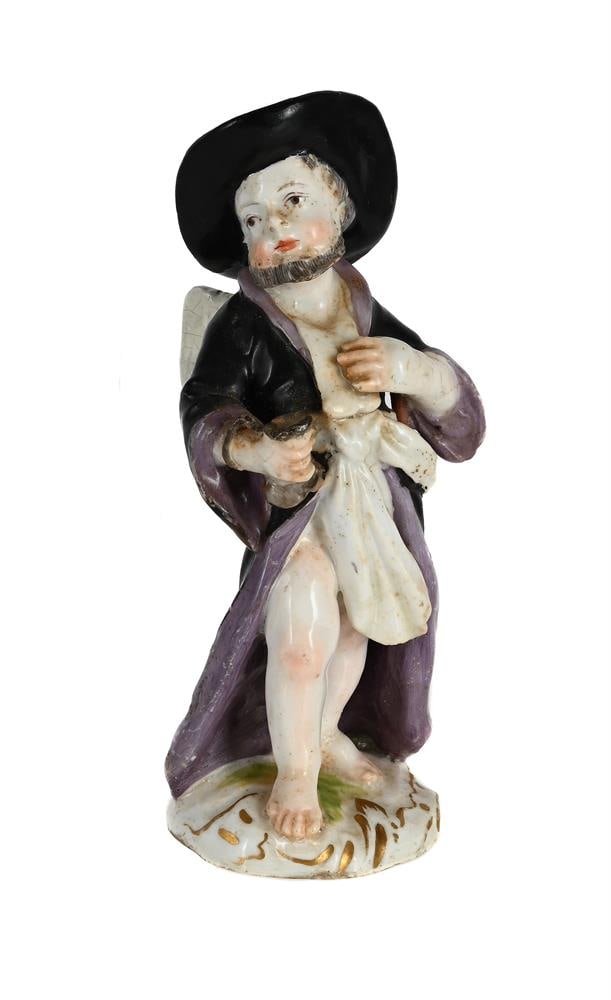 A CHELSEA PORCELAIN MODEL OF CUPID IN DISGUISE, CIRCA 1756: A CHELSEA PORCELAIN MODEL OF CUPID IN DISGUISE CIRCA 1756 Red anchor mark verso 11.5cm high, 4cm at base Condition Report: PLEASE NOTE: ALL LOTS ARE LOCATED AT