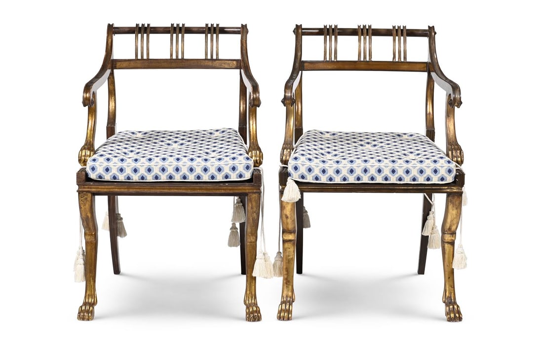 A PAIR OF EBONSED AND PARCEL GILT ARMCHAIRS, IN REGENCY STYLE, 20TH CENTURY - 2