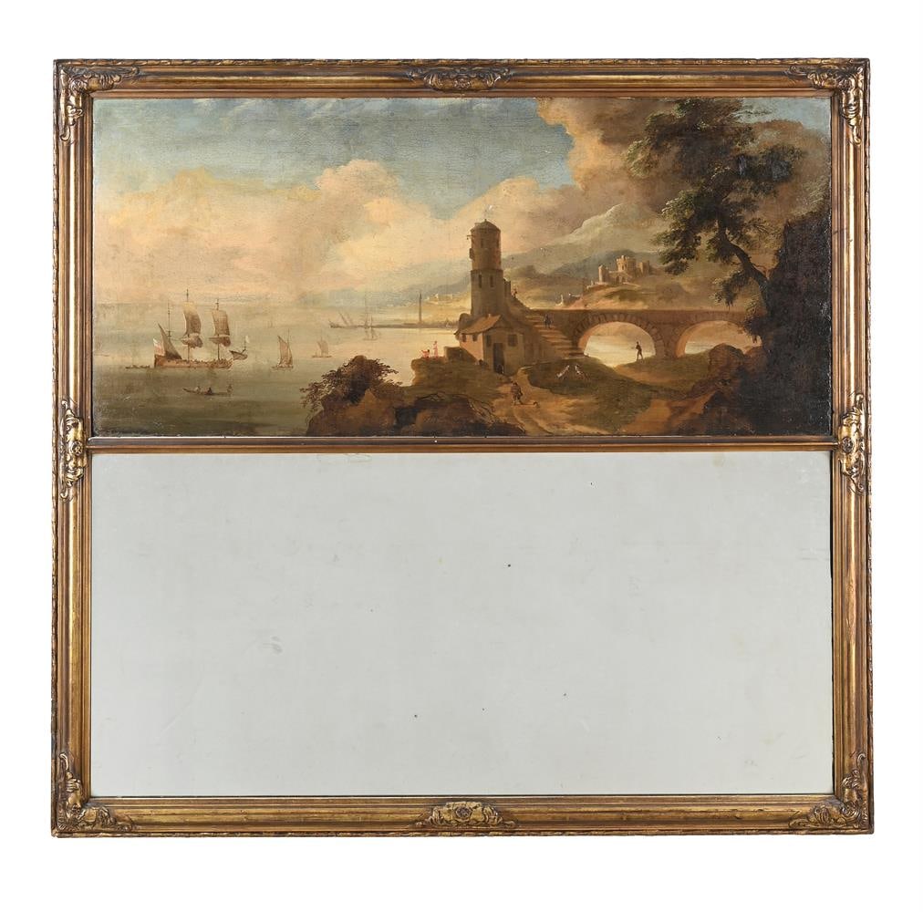 A GILT FRAMED TRUMEAU MIRROR WITH CAPRICCIO OIL ON CANVAS LANDSCAPE, THE FRAME EARLY 20TH CENTURY (1 of 3)