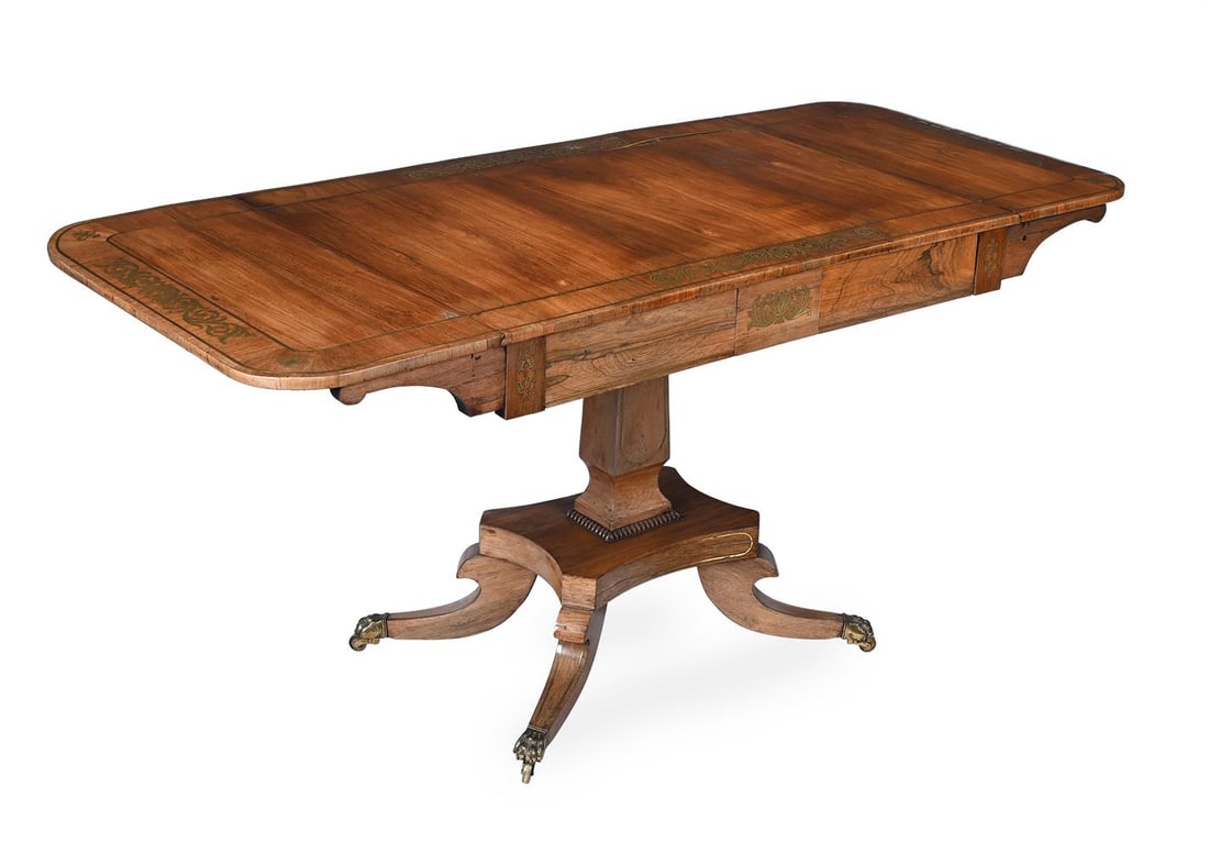 Y A REGENCY ROSEWOOD AND BRASS INLAID SOFA TABLE, IN THE MANNER OF GEORGE BULLOCK, CIRCA 1820 - 2