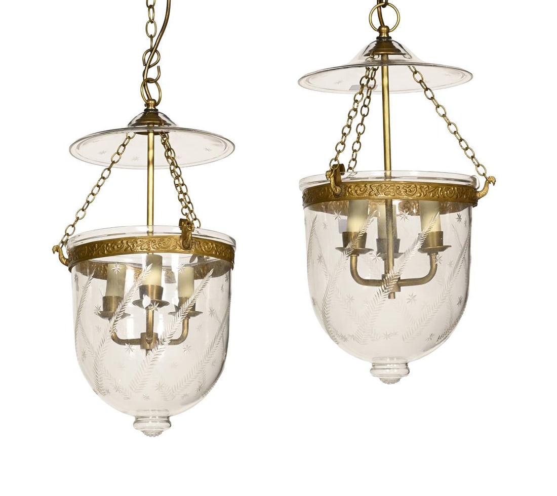 A PAIR OF VAUGHAN HUNDI STYLE GLASS GLOBE LANTERNS, 20TH CENTURY: A PAIR OF VAUGHAN HUNDI STYLE GLASS GLOBE LANTERNS 20TH CENTURY Each with glass float above tubular conical bodies each 56.7cm drop, 23.7cm diameter Condition