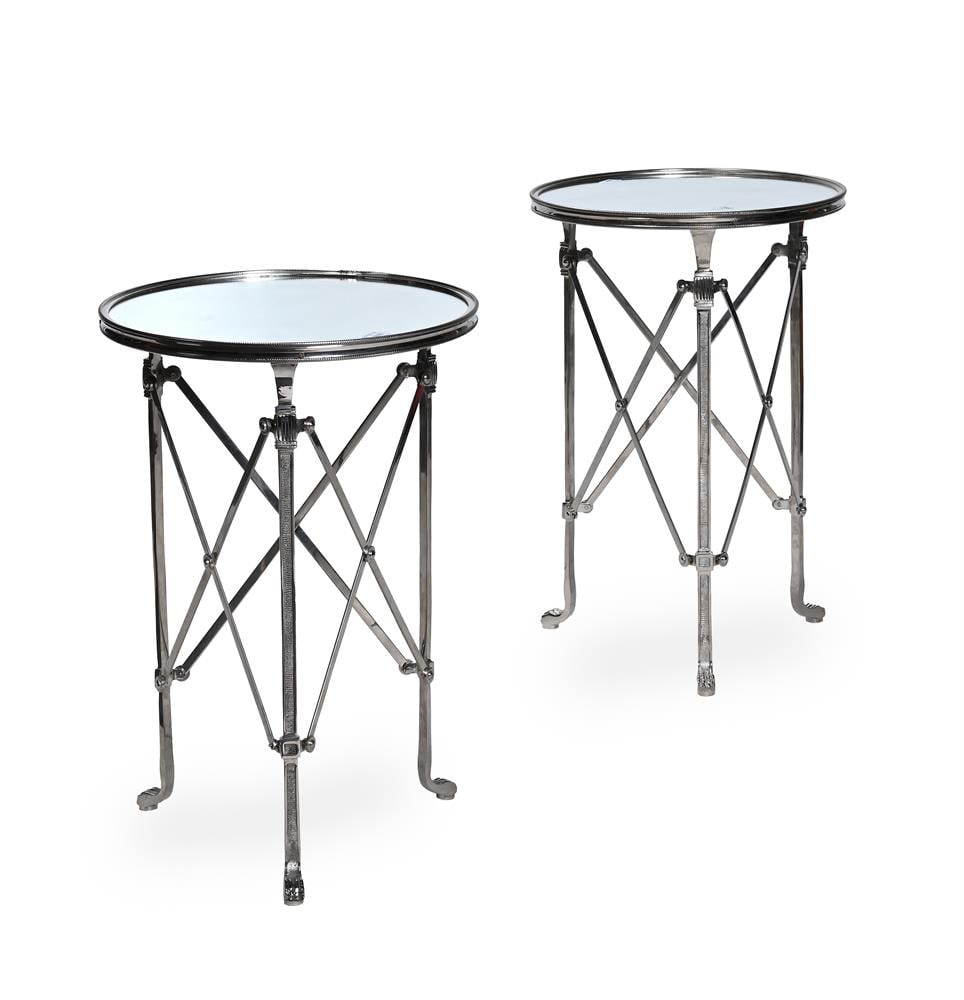 A PAIR OF SILVERED GUERIDON WITH MIRROR TOPS, IN FRENCH EMPIRE STYLE, MODERN: A PAIR OF SILVERED GUERIDON WITH MIRROR TOPS IN FRENCH EMPIRE STYLE, MODERN 74cm high, 54cm diameter Condition Report: PLEASE NOTE: ALL LOTS ARE LOCATED AT