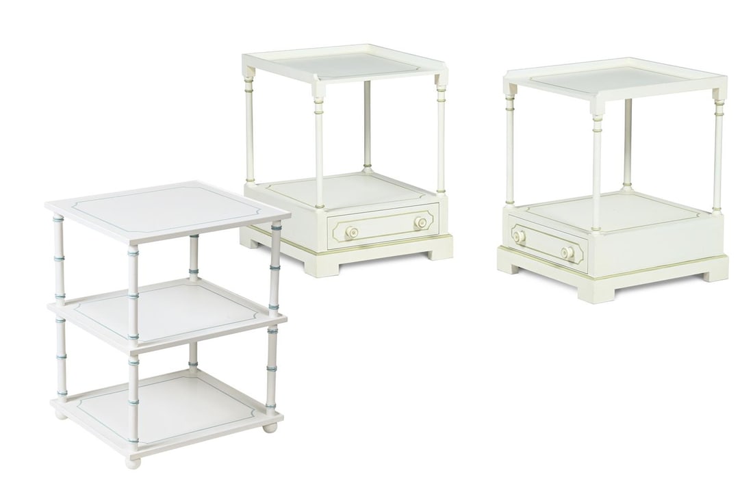 A PAIR OF PAINTED BEDSIDE TABLES, POSSIBLY SUPPLIED OR DECORATED BY COLEFAX & FOWLER, AND ANOTHER: A PAIR OF WHITE AND GREEN PAINTED BEDSIDE TABLES