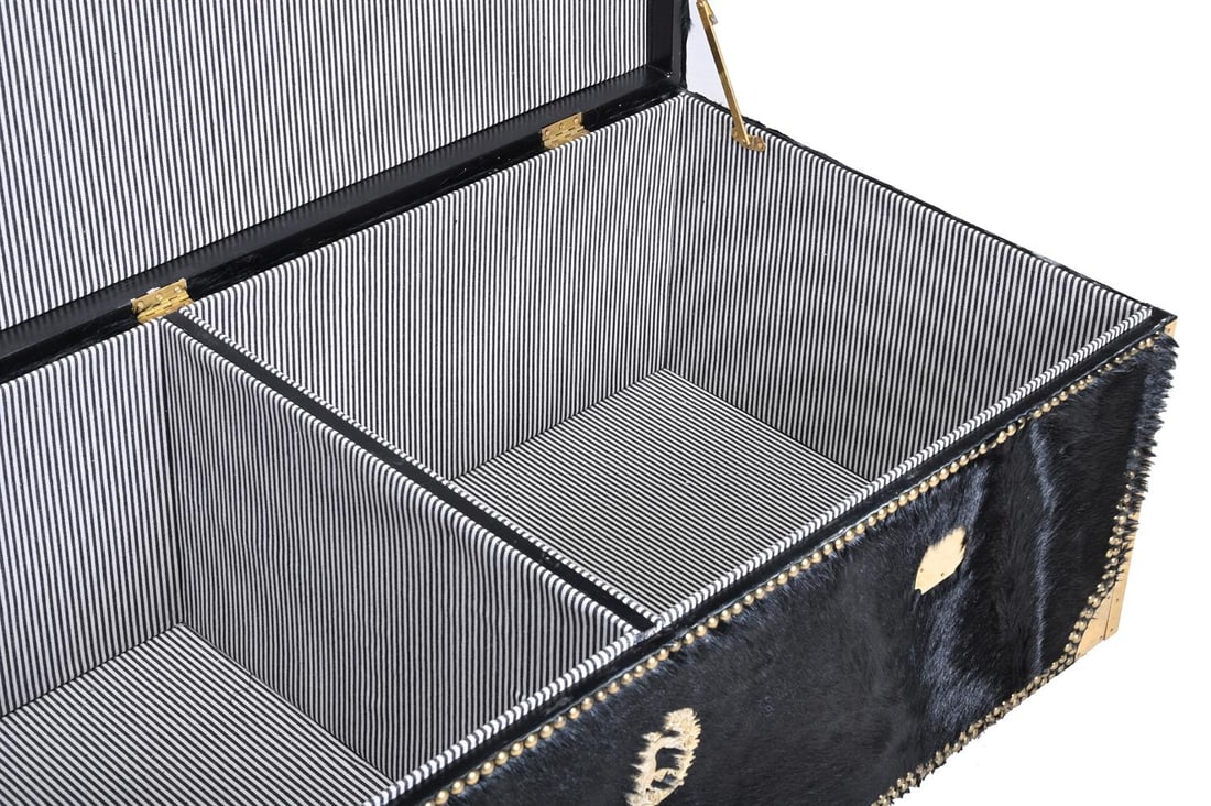 A HIDE COVERED AND BRASS MOUNTED TRUNK, OF RECENT MANUFACTURE - 3