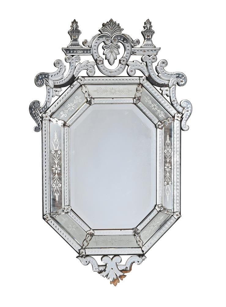 A VENETIAN ETCHED AND CUT CUSHION FRAMED WALL MIRROR, LATE 19TH OR EARLY 20TH CENTURY (1 of 2)
