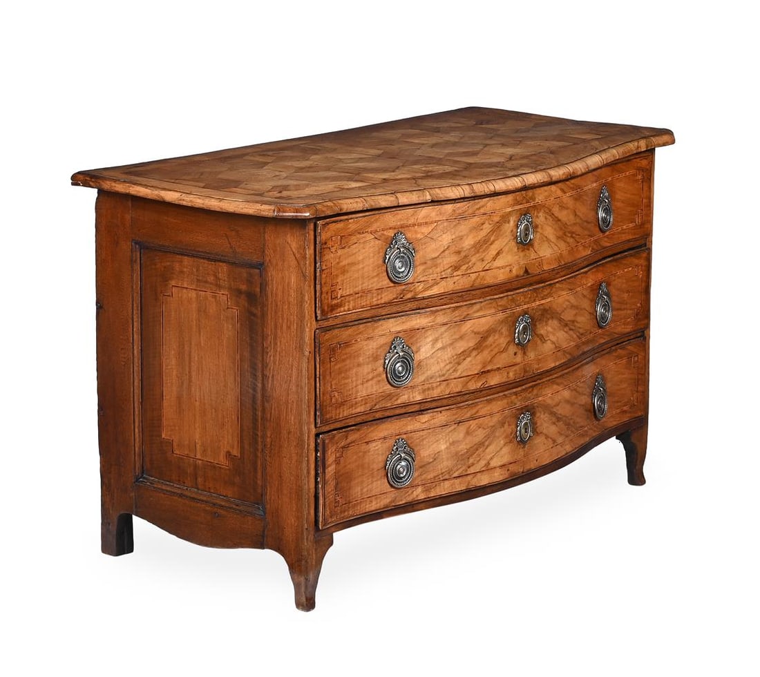 A LOUIS XVI WALNUT AND PARQUETRY LOW COMMODE OR CHEST OF DRAWERS, FRENCH, CIRCA 1785: A LOUIS XVI WALNUT AND PARQUETRY LOW COMMODE OR CHEST OF DRAWERS FRENCH, CIRCA 1785 With a "Tumbling Cube" parquet inlaid top 81cm high, 131cm wide, 66cm deep 