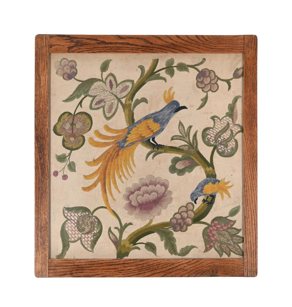 A FRAGMENT OF NEEDLEWORK DEPICTING A BLUE AND YELLOW BIRD IN FOLIAGE, 18TH OR 19TH CENTURY: A FRAGMENT OF NEEDLEWORK DEPICTING A BLUE AND YELLOW BIRD IN FOLIAGE 18TH OR 19TH CENTURY Set in a later glazed oak frame 55.5 x 52cm, the frame 65 x60cm Condition Report: PLEASE