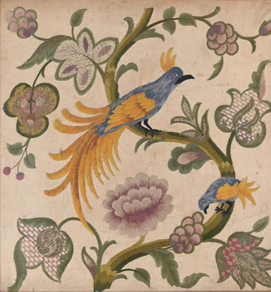 A FRAGMENT OF NEEDLEWORK DEPICTING A BLUE AND YELLOW BIRD IN FOLIAGE, 18TH OR 19TH CENTURY - 2