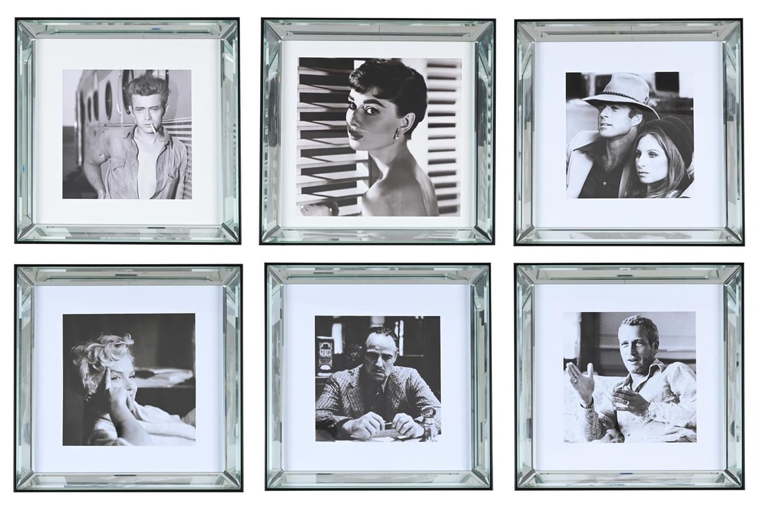 A GROUP OF SIX SQUARE EBONISED AND BEVELL MIRRORED PICTURE FRAMES, OF RECENT MANUFACTURE: A GROUP OF SIX SQUARE EBONISED AND BEVELL MIRRORED PICTURE FRAMES OF RECENT MANUFACTURE Including black and white photographs of Paul Newman, James Dean, Marlon Brando, Audrey Hepburn,