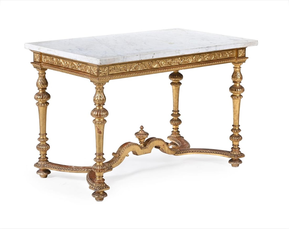 A MARBLE TOPPED CARVED WOOD AND GILT GESSO CENTRE TABLE, IN THE REGENCE STYLE, EARLY 19TH CENTURY (1 of 3)