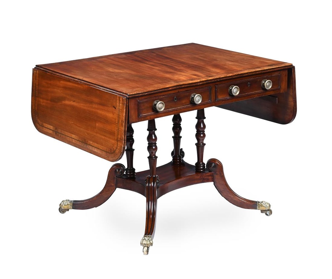 Y A GEORGE IV MAHOGANY AND TULIPWOOD BANDED SOFA TABLE, CIRCA 1830: Y A GEORGE IV MAHOGANY AND TULIPWOOD BANDED SOFA TABLE CIRCA 1830 71cm high, 93wide, 148cm wide when extended, 71cm deep Condition Report: PLEASE NOTE: ALL