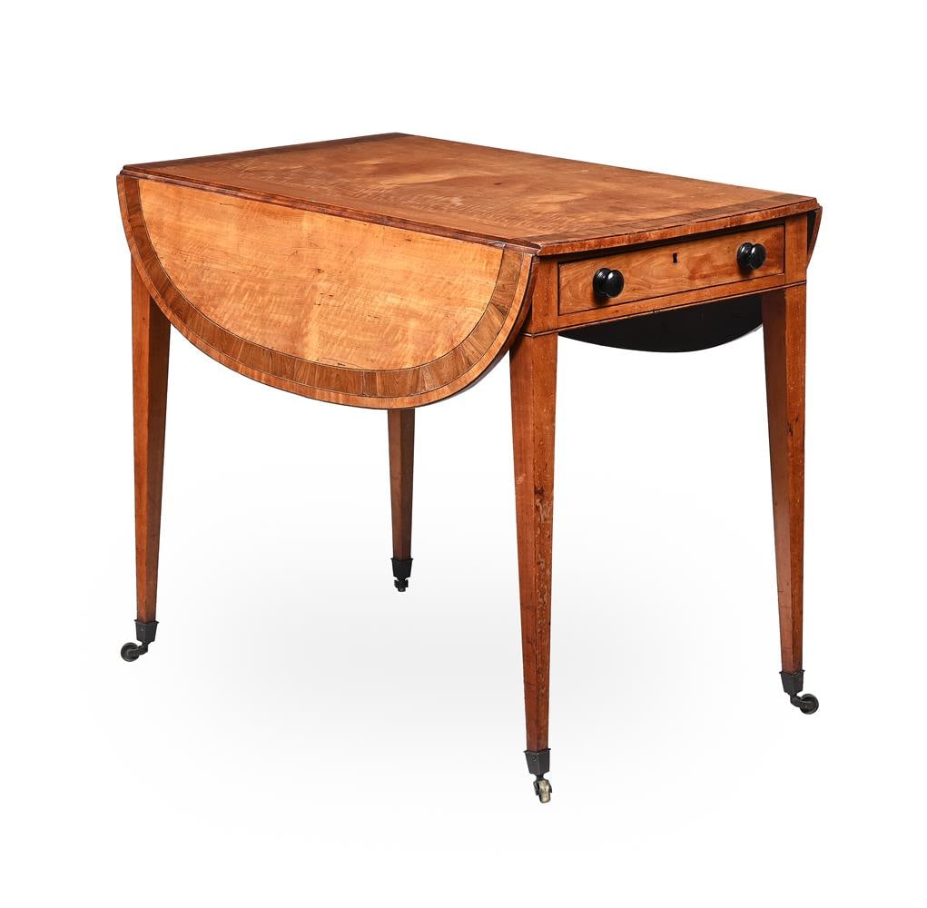 Y A GEORGE III FIGURED SATINWOOD AND KINGWOOD CROSSBANDED PEMBROKE TABLE, CIRCA 1795: Y A GEORGE III FIGURED SATINWOOD AND KINGWOOD CROSSBANDED PEMBROKE TABLE IN THE MANNER OF THOMAS SHERATON, CIRCA 1795 With ebony stringing 73cm high, 87cm wide, 53cm deep
