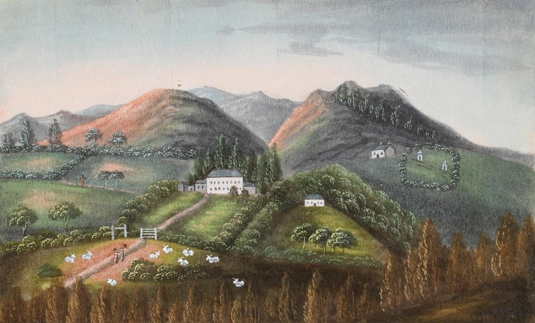 A SMALL CHINESE EXPORT WATERCOLOUR PITH PAINTING, 19TH CENTURY: A SMALL CHINESE EXPORT WATERCOLOUR PITH PAINTING POSSIBLY AN INTERPRETATION OF NAPOLEON'S HOUSE IN ST HELENA, 19TH CENTURY 9.5cm x 15.5cm mounted but unframed 