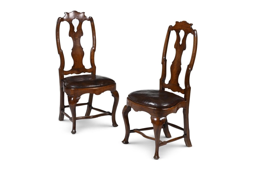 A PAIR OF WALNUT LEATHER UPHOLSTERED SIDE CHAIRS, SPANISH, LATE 18TH OR EARLY 19TH CENTURY (1 of 3)