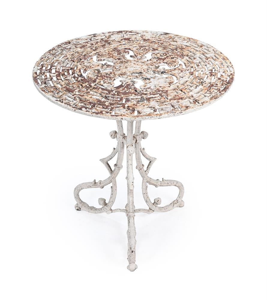 A WHITE PAINTED CAST IRON GARDEN OR ARRAS TABLE, LATE 19TH CENTURY: A WHITE PAINTED CAST IRON GARDEN OR ARRAS TABLE LATE 19TH CENTURY With Greek Meander border to the top 73.5cm high, top 73.5m diameter Condition Report: PLEASE NOTE: ALL LOTS ARE LOCATED