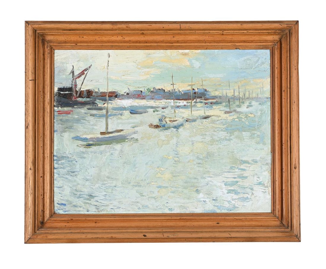 λ ATTRIBUTED TO CHARLES MOZLEY (BRITISH 1914-1991), SAILING BOATS AT ANCHOR: λ ATTRIBUTED TO CHARLES MOZLEY (BRITISH 1914-1991) SAILING BOATS AT ANCHOR Oil on canvas board 30 x 40cm (11¾ x 15½in.) Provenance: Private