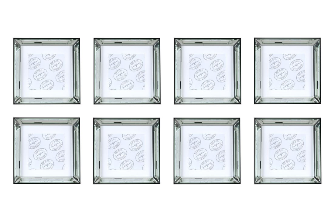 A GROUP OF EIGHT EBONISED AND BEVELL MIRRORED PICTURE FRAMES, OF RECENT MANUFACTURE: A GROUP OF EIGHT EBONISED AND BEVELL MIRRORED PICTURE FRAMES OF RECENT MANUFACTURE 36cm square, picture size 20 x 20cm Condition Report: In good condition overall with