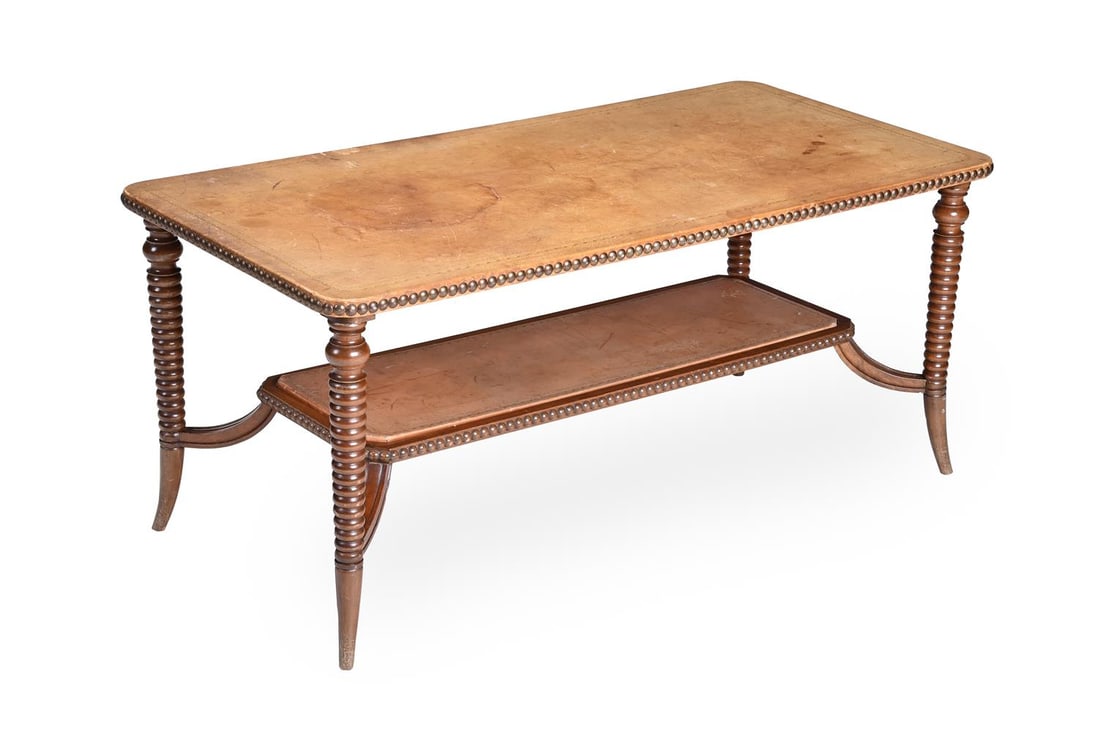 A MAHOGANY COFFEE OR LOW TABLE WITH LEATHERED TOP, IN REGENCY STYLE, LAST HALF 20TH CENTURY: A MAHOGANY COFFEE OR LOW TABLE WITH LEATHERED TOP IN REGENCY STYLE, LAST HALF 20TH CENTURY 53cm high, 120cm wide, 59cm deep Condition Report: PLEASE NOTE: ALL LOTS ARE LOCATED