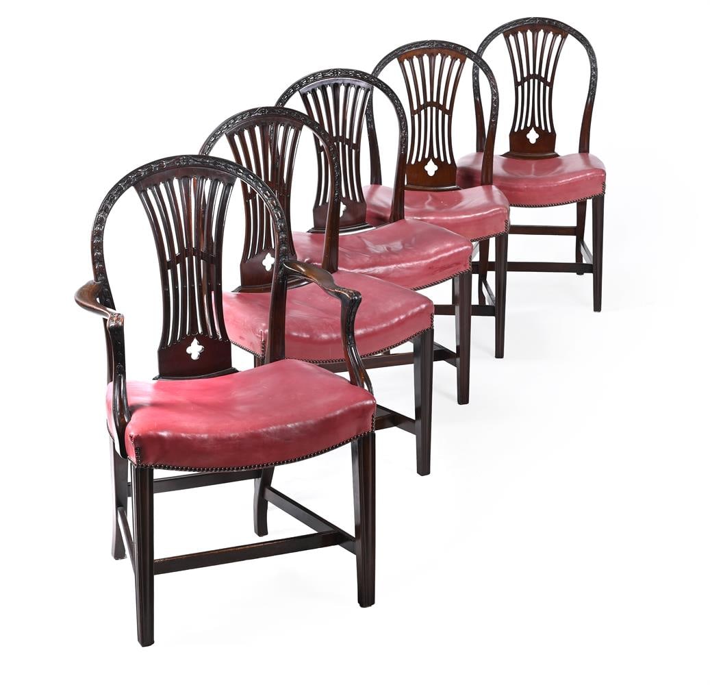 A SET OF TEN MAHOGANY AND LEATHER UPHOLSTERED DINING CHAIRS, IN HEPPLEWHITE STYLE, CIRCA 1900 - 2