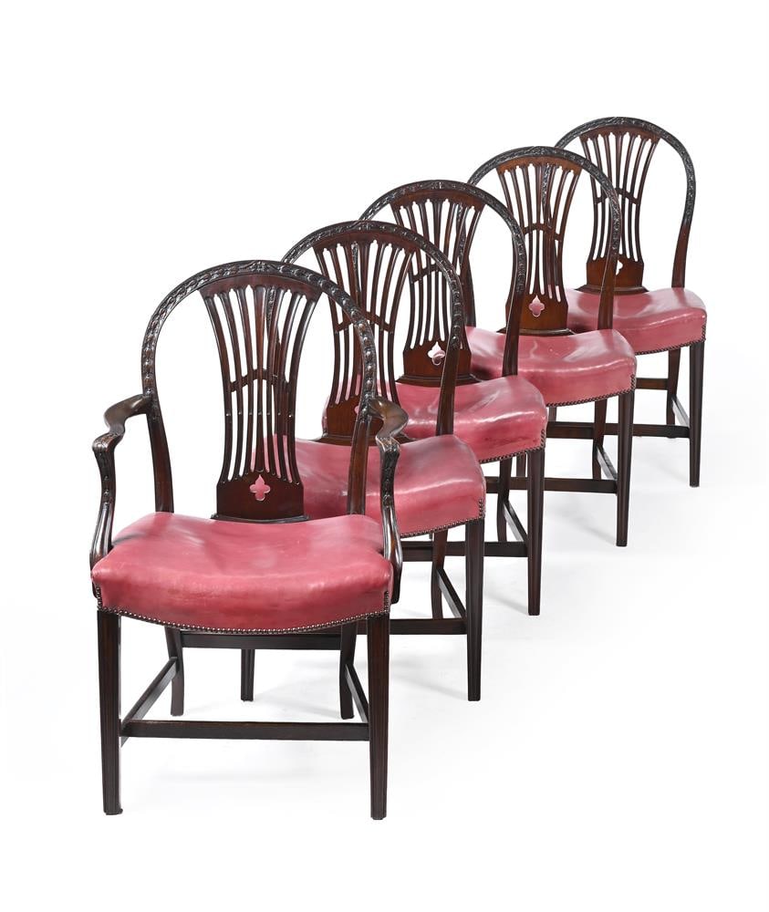 A SET OF TEN MAHOGANY AND LEATHER UPHOLSTERED DINING CHAIRS, IN HEPPLEWHITE STYLE, CIRCA 1900 - 3