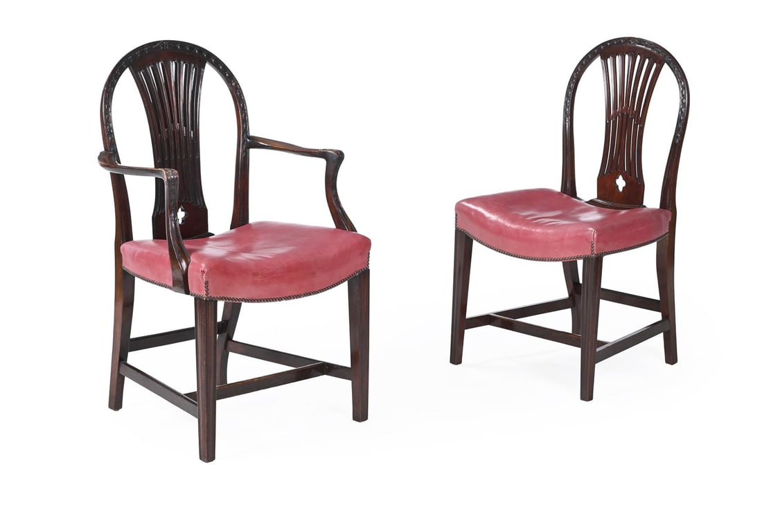 A SET OF TEN MAHOGANY AND LEATHER UPHOLSTERED DINING CHAIRS, IN HEPPLEWHITE STYLE, CIRCA 1900 - 4