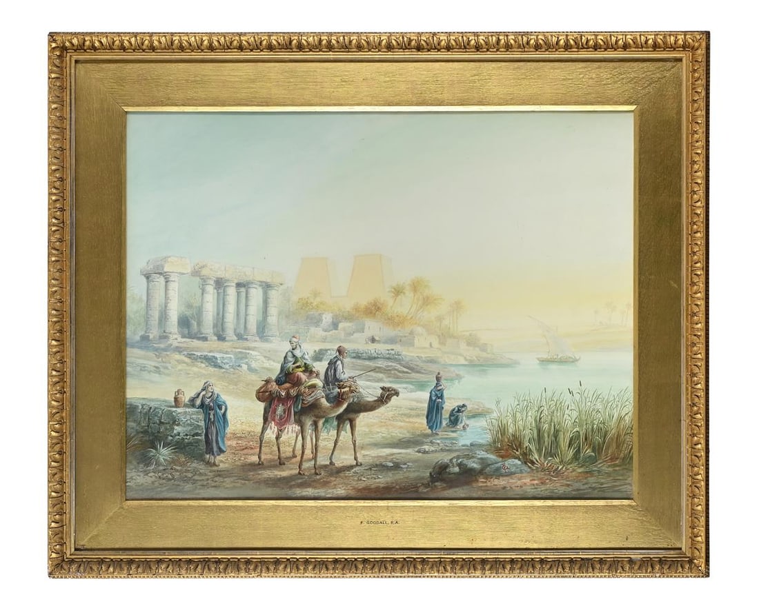 ATTRIBUTED TO FREDERICK GOODALL (BRITISH 1822-1904), TWO CAMELS AND FIGURES ON THE BANKS OF THE NILE: ATTRIBUTED TO FREDERICK GOODALL (BRITISH 1822-1904) TWO CAMELS AND FIGURES ON THE BANKS OF THE NILE Watercolour and pencil Bears monogram (lower right) 66 x 88.5cm (25 x
