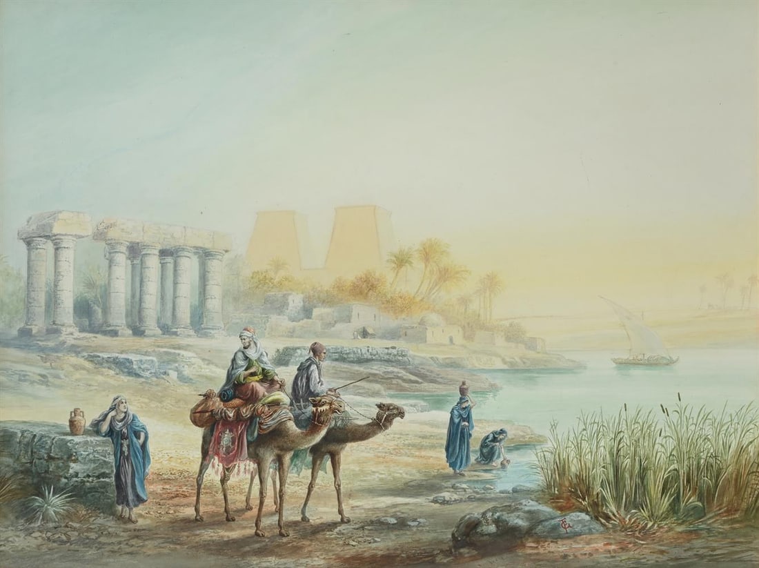 ATTRIBUTED TO FREDERICK GOODALL (BRITISH 1822-1904), TWO CAMELS AND FIGURES ON THE BANKS OF THE NILE - 2