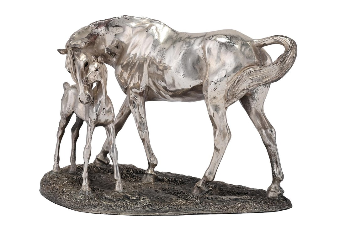 A SILVER-PLATED SCULPTURE OF A MARE AND FOAL, DATED 1998: A SILVER-PLATED SCULPTURE OF A MARE AND FOAL DATED 1998 With various maker's marks and an edition number '13/100' 22cm high Condition Report: PLEASE NOTE: ALL LOTS ARE LOCATED AT SACKVILLE