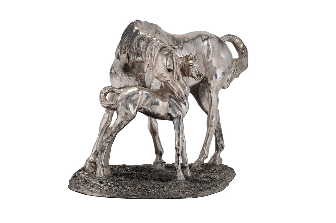 A SILVER-PLATED SCULPTURE OF A MARE AND FOAL, DATED 1998 - 2