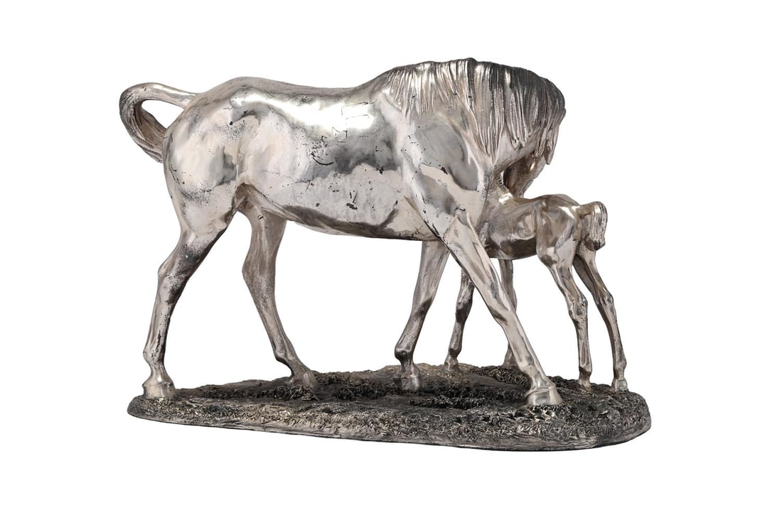A SILVER-PLATED SCULPTURE OF A MARE AND FOAL, DATED 1998 - 3