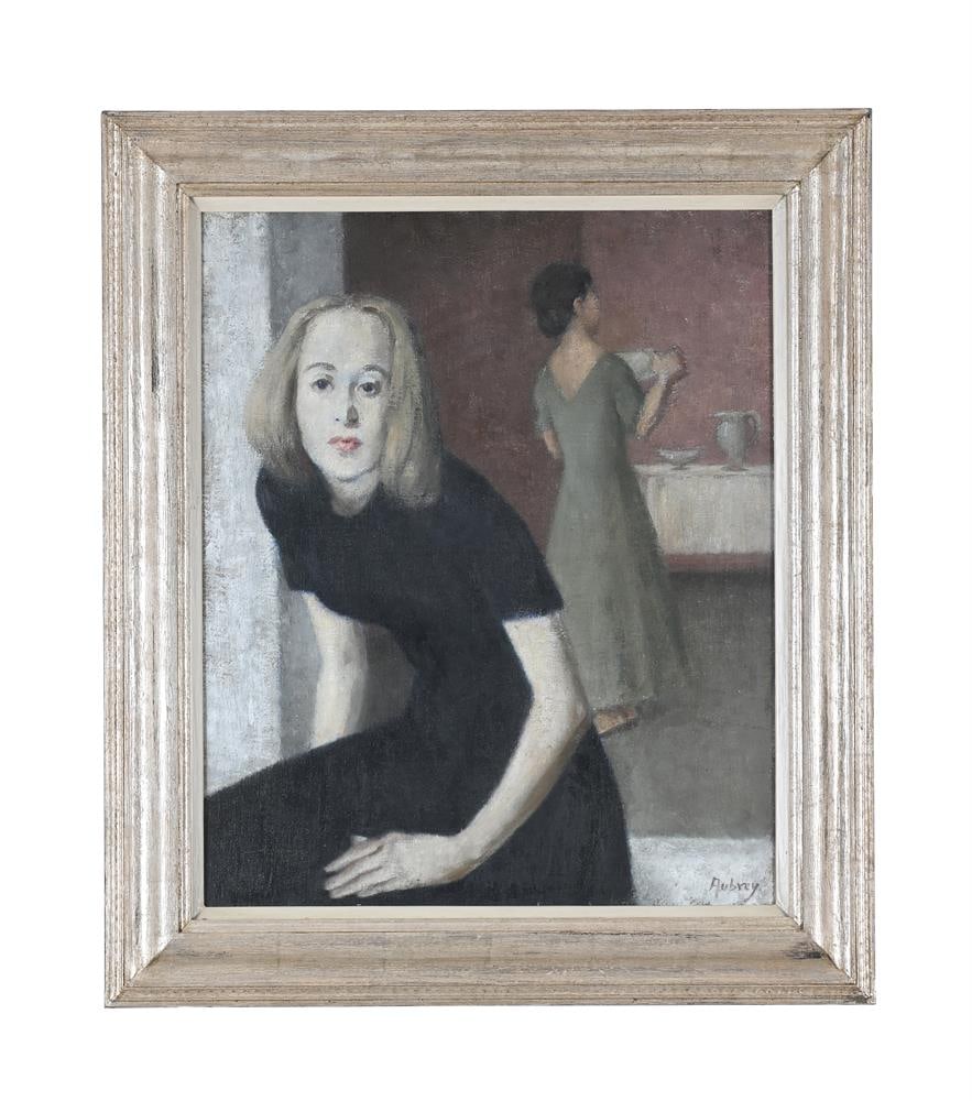 λ JOHN AUBREY (BRITISH 1909-1985), TWO WOMEN IN AN INTERIOR: λ JOHN AUBREY (BRITISH 1909-1985) TWO WOMEN IN AN INTERIOR Oil on canvas Signed (lower right), further inscribed and dated Aberdeen 1958 (verso) 61 x 51cm (24 x
