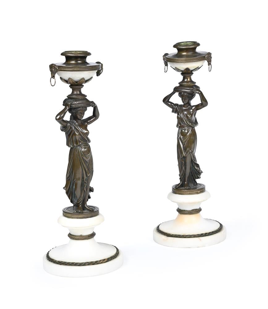 A PAIR OF BRONZE AND MARBLE FIGURAL CARYATID CANDLESTICKS, FRENCH, MID 19TH CENTURY (1 of 2)