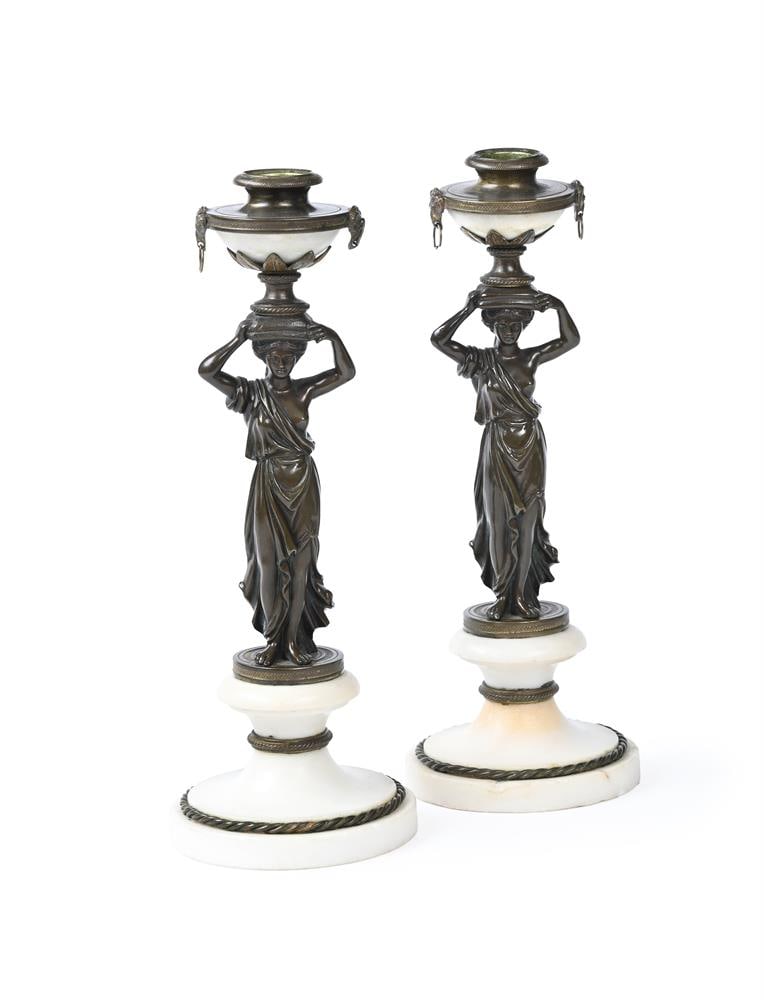 A PAIR OF BRONZE AND MARBLE FIGURAL CARYATID CANDLESTICKS, FRENCH, MID 19TH CENTURY - 2