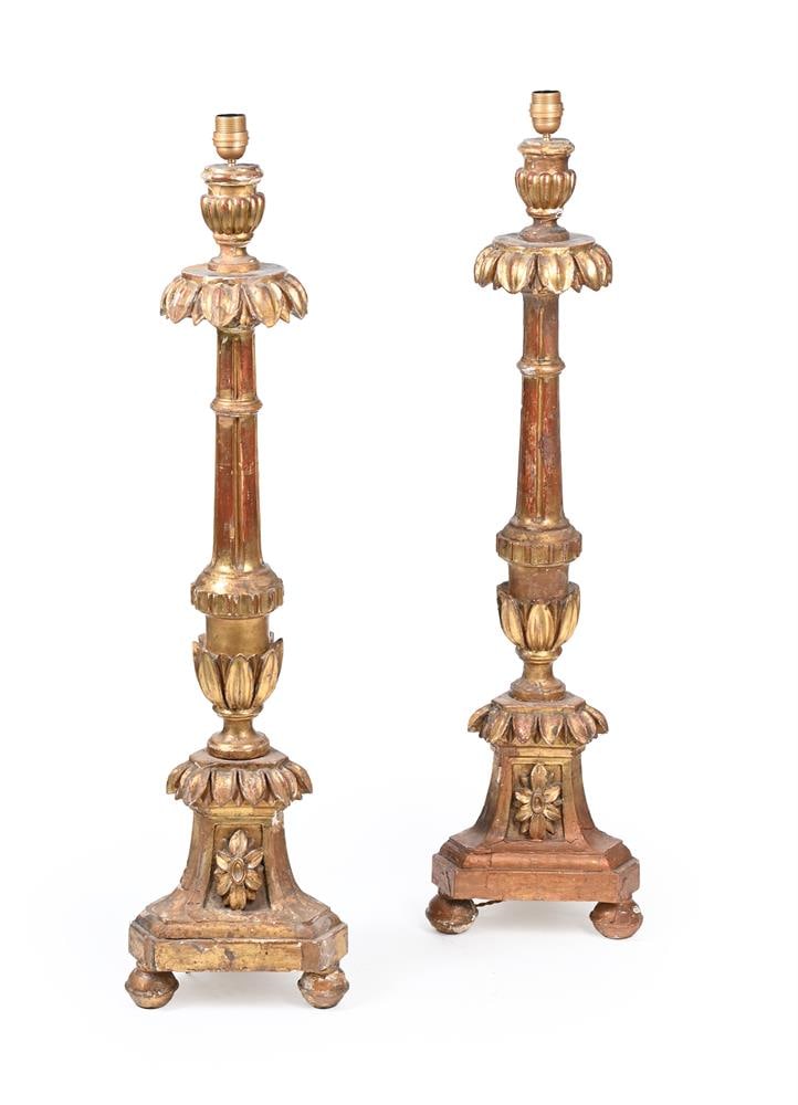 A PAIR OF PRICKET GILTWOOD ALTAR CANDLESTICKS, ITALIAN, 18TH CENTURY (1 of 2)