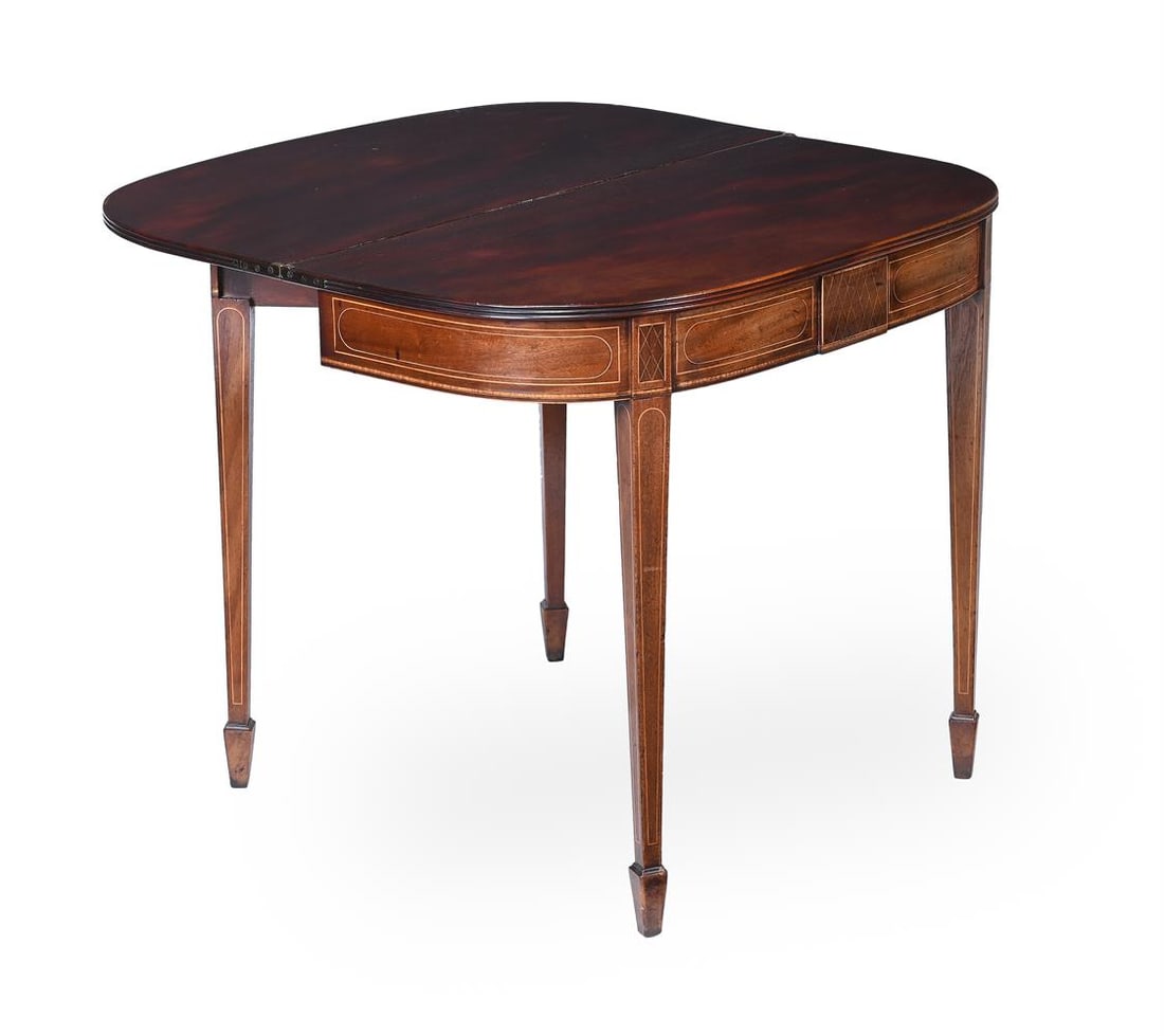 A GEORGE III MAHOGANY AND LINE INLAID DEMI-LUNE TEA TABLE, CIRCA 1790 - 2