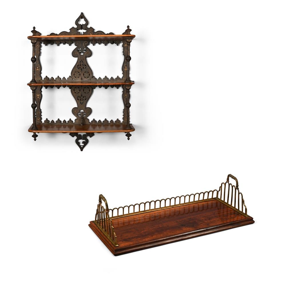 Y A VICTORIAN CAST IRON AND WALNUT WALL SHELF, 19TH CENTURY, TOGETHER WITH A CARRYING BOOK RACK (1 of 5)