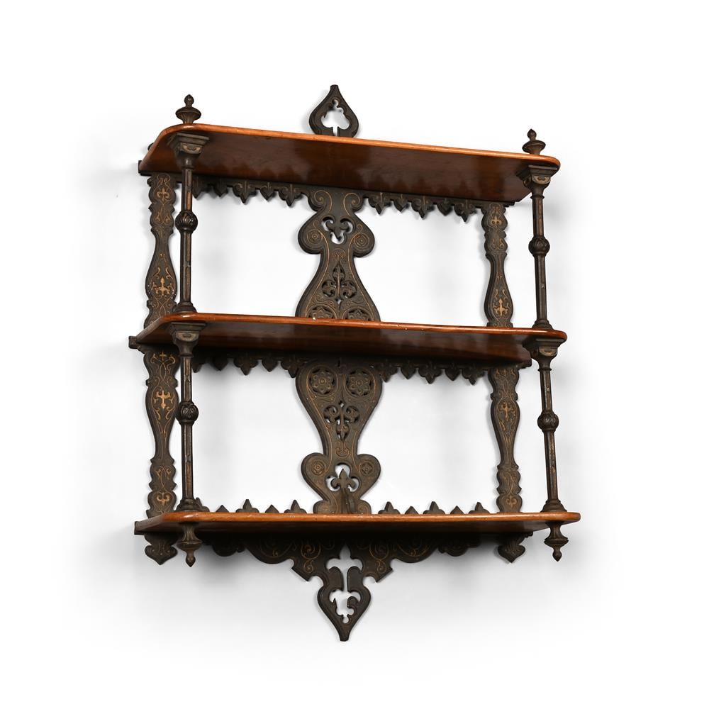 Y A VICTORIAN CAST IRON AND WALNUT WALL SHELF, 19TH CENTURY, TOGETHER WITH A CARRYING BOOK RACK - 2