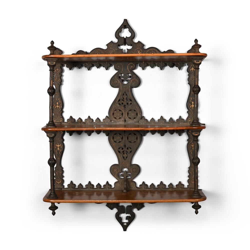 Y A VICTORIAN CAST IRON AND WALNUT WALL SHELF, 19TH CENTURY, TOGETHER WITH A CARRYING BOOK RACK - 4