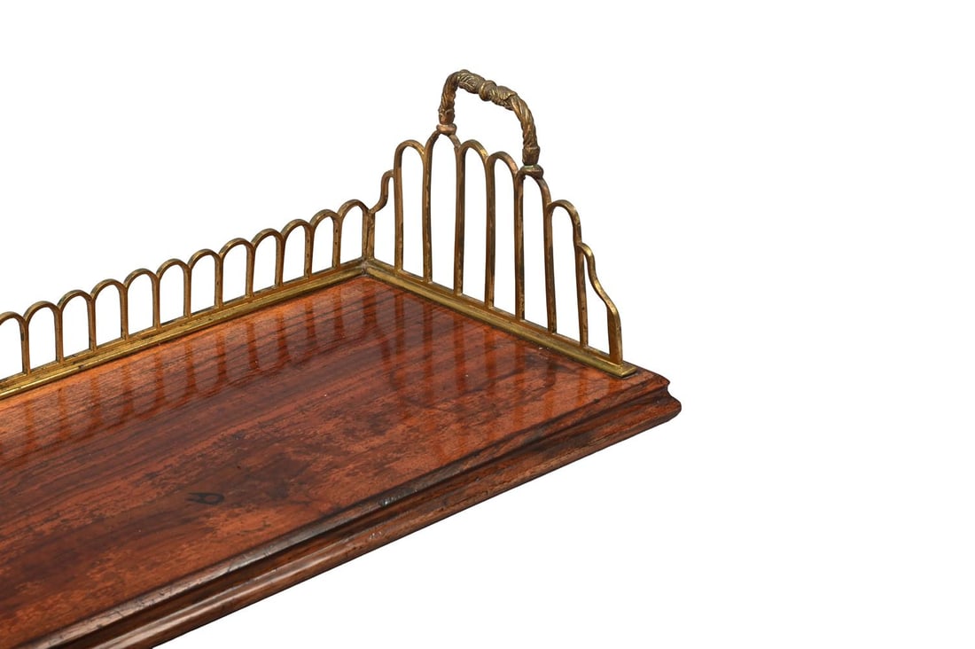 Y A VICTORIAN CAST IRON AND WALNUT WALL SHELF, 19TH CENTURY, TOGETHER WITH A CARRYING BOOK RACK - 5