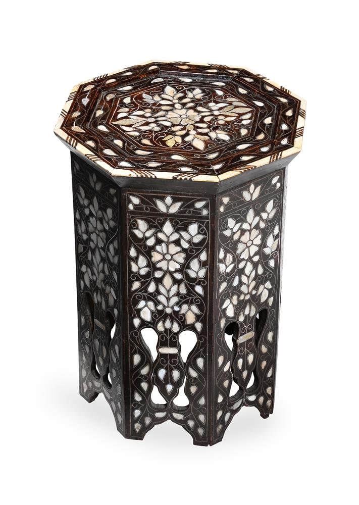 Y AN INDO-MOORISH BONE, MOTHER OF PEARL AND PEWTER LINE INLAID OCTAGONAL SIDE TABLE, 20TH CENTURY (1 of 3)