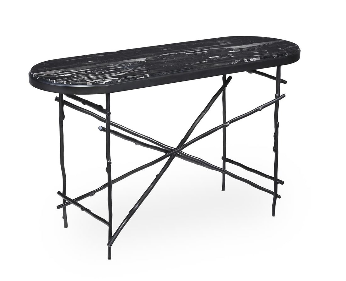 A MARBLE TOPPED AND PAINTED IRON CONSOLE TABLE, MODERN: A MARBLE TOPPED AND PAINTED IRON CONSOLE TABLE MODERN With rustic twig effect iron base 75cm high, 129cm wide, 47cm deep Condition Report: PLEASE NOTE: ALL LOTS