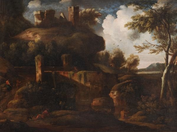 Follower of Salvator Rosa Travellers in a rocky ri