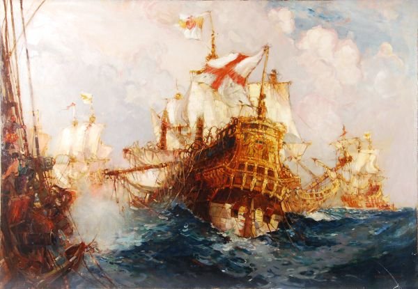 Frank Henry Mason (1876-1965) A Naval Engagement O