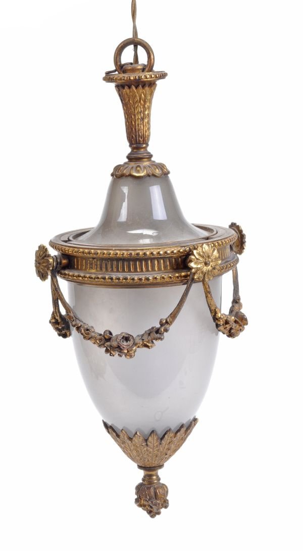 A gilt metal and opaque glass pendant ceiling lant