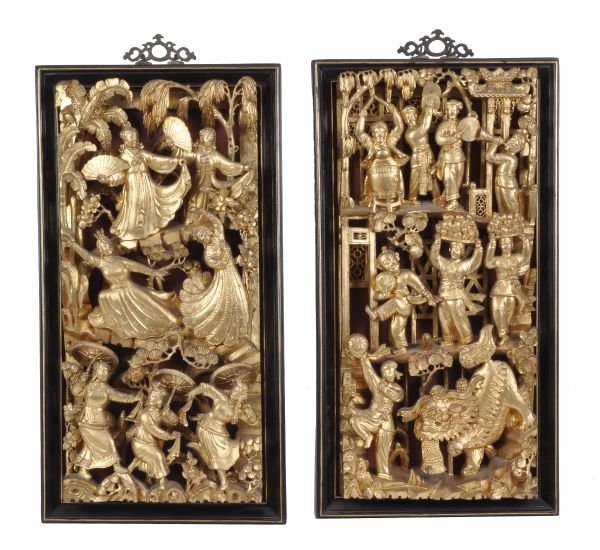 A pair of Chinese carved gilt wood plaques, 19th c