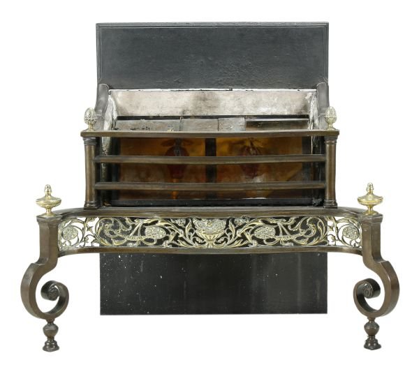 A cast iron, wrought iron and brass mounted firegr
